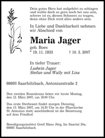 Traueranzeige von Maria Jager von SAARBRÜCKER ZEITUNG