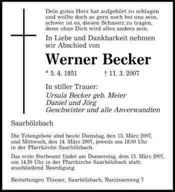 Traueranzeige von Werner Becker von SAARBRÜCKER ZEITUNG