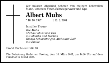 Traueranzeige von Albert Muhs von SAARBRÜCKER ZEITUNG