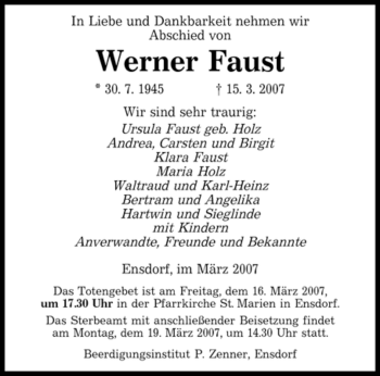 Traueranzeige von Werner Faust von SAARBRÜCKER ZEITUNG