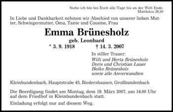 Traueranzeige von Emma Brünesholz von SAARBRÜCKER ZEITUNG