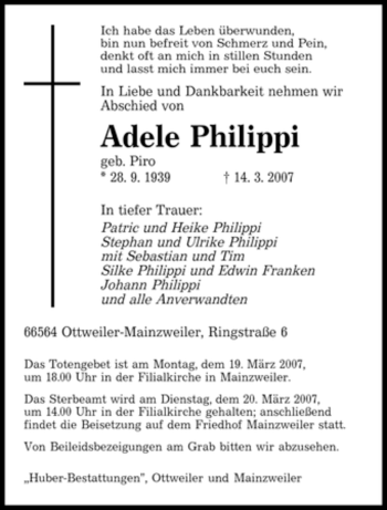 Traueranzeige von Adele Philippi von SAARBRÜCKER ZEITUNG