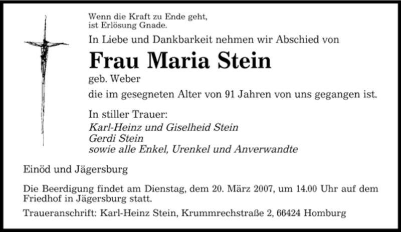  Traueranzeige für Maria Stein vom 17.03.2007 aus SAARBRÜCKER ZEITUNG