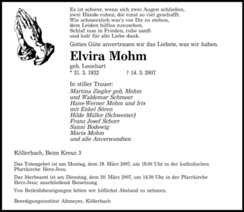 Traueranzeige von Elvira Mohm von SAARBRÜCKER ZEITUNG