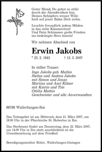 Traueranzeige von Erwin Jakobs von SAARBRÜCKER ZEITUNG