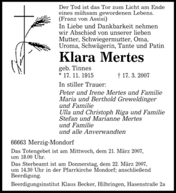 Traueranzeige von Klara Mertes von SAARBRÜCKER ZEITUNG