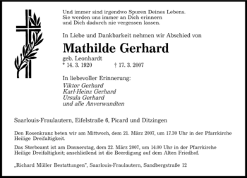 Traueranzeige von Mathilde Gerhard von SAARBRÜCKER ZEITUNG