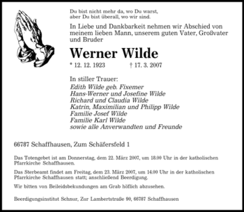 Traueranzeige von Werner Wilde von SAARBRÜCKER ZEITUNG