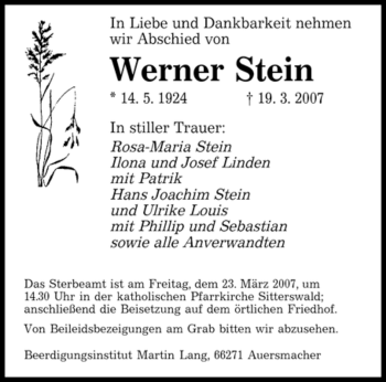 Traueranzeige von Werner Stein von SAARBRÜCKER ZEITUNG