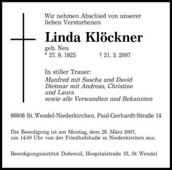 Traueranzeige von Linda Klöckner von SAARBRÜCKER ZEITUNG