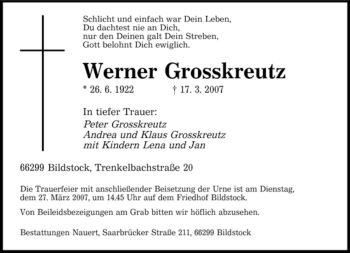 Traueranzeige von Werner Grosskreutz von SAARBRÜCKER ZEITUNG
