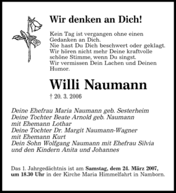 Traueranzeige von Willi Naumann von SAARBRÜCKER ZEITUNG