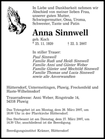 Traueranzeige von Anna Sinnwell von SAARBRÜCKER ZEITUNG