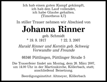 Traueranzeige von Johanna Rinner von SAARBRÜCKER ZEITUNG