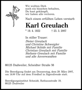 Traueranzeige von Karl Greulach von SAARBRÜCKER ZEITUNG