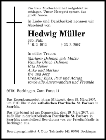 Traueranzeige von Hedwig Müller von SAARBRÜCKER ZEITUNG