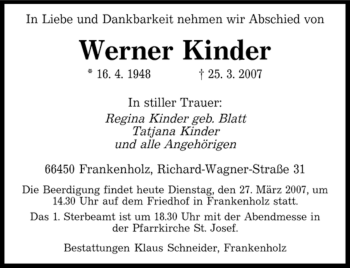 Traueranzeige von Werner Kinder von SAARBRÜCKER ZEITUNG