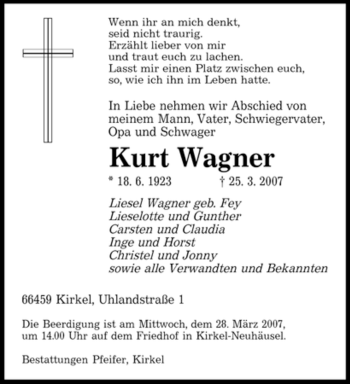 Traueranzeige von Kurt Wagner von SAARBRÜCKER ZEITUNG