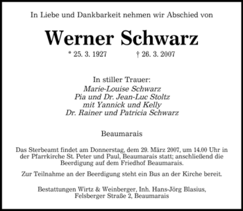 Traueranzeige von Werner Schwarz von SAARBRÜCKER ZEITUNG