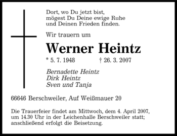 Traueranzeige von Werner Heintz von SAARBRÜCKER ZEITUNG