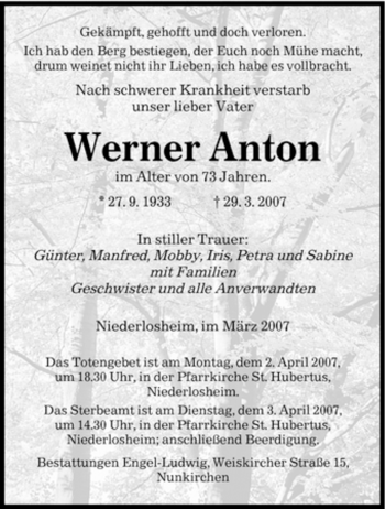 Traueranzeige von Werner Anton von SAARBRÜCKER ZEITUNG