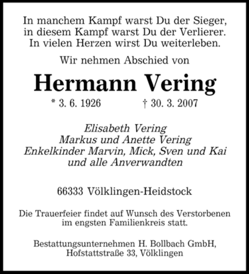  Traueranzeige für Hermann Vering vom 02.04.2007 aus SAARBRÜCKER ZEITUNG