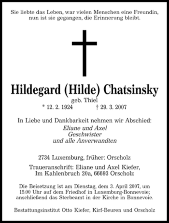 Traueranzeige von Hildegard Chatsinsky von SAARBRÜCKER ZEITUNG