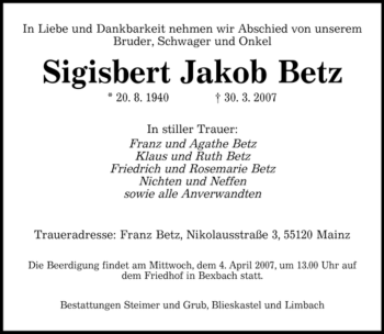 Traueranzeige von Sigisbert Jakob Betz von SAARBRÜCKER ZEITUNG