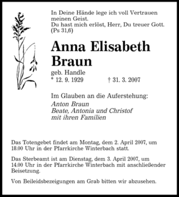 Traueranzeige von Anna Elisabeth Braun von SAARBRÜCKER ZEITUNG