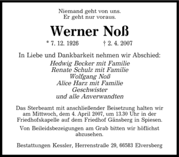 Traueranzeige von Werner Noß von SAARBRÜCKER ZEITUNG