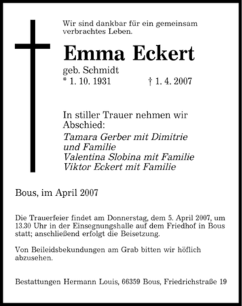 Traueranzeige von Emma Eckert von SAARBRÜCKER ZEITUNG