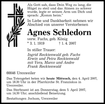 Traueranzeige von Agnes Schledorn von SAARBRÜCKER ZEITUNG