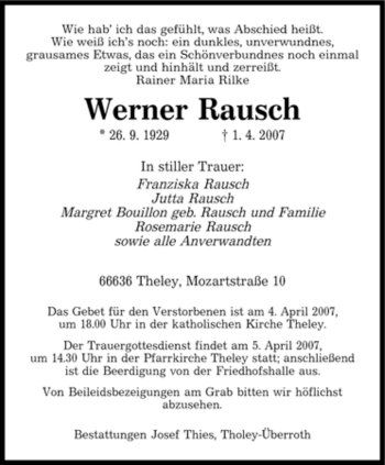 Traueranzeige von Werner Rausch von SAARBRÜCKER ZEITUNG