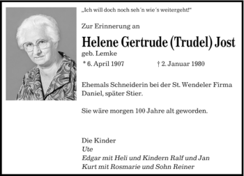 Traueranzeige von Helene Jost von SAARBRÜCKER ZEITUNG