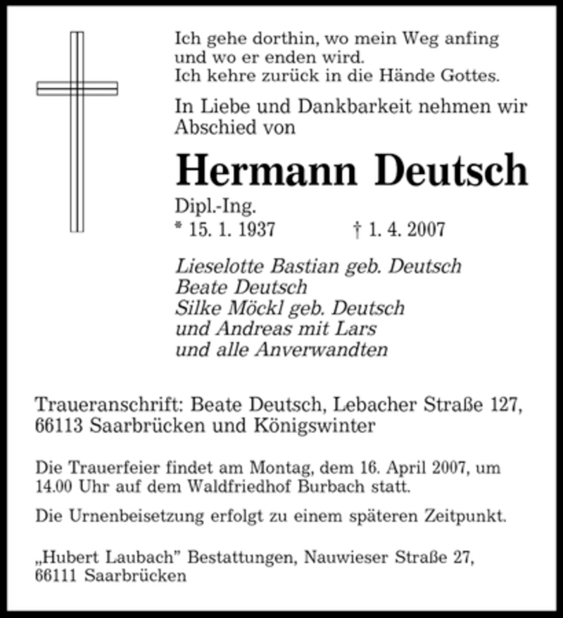 Traueranzeigen Von Hermann Deutsch Saarbruecker Zeitung Trauer De