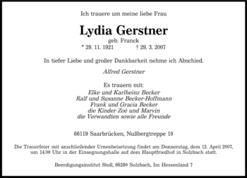 Traueranzeige von Lydia Gerstner von SAARBRÜCKER ZEITUNG