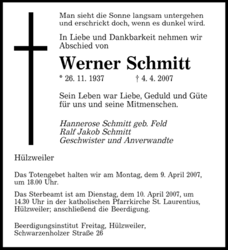 Traueranzeige für Werner Schmitt vom 07.04.2007 aus SAARBRÜCKER ZEITUNG