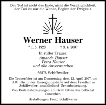 Traueranzeige von Werner Hauser von SAARBRÜCKER ZEITUNG