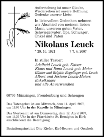 Traueranzeige von Nikolaus Leuck von SAARBRÜCKER ZEITUNG