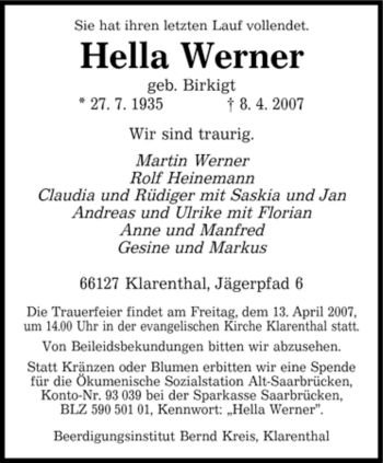 Traueranzeige von Hella Werner von SAARBRÜCKER ZEITUNG