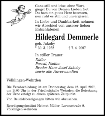 Traueranzeige von Hildegard Demmerle von SAARBRÜCKER ZEITUNG