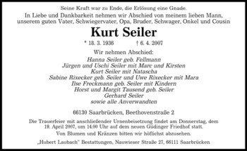 Traueranzeige von Kurt Seiler von SAARBRÜCKER ZEITUNG