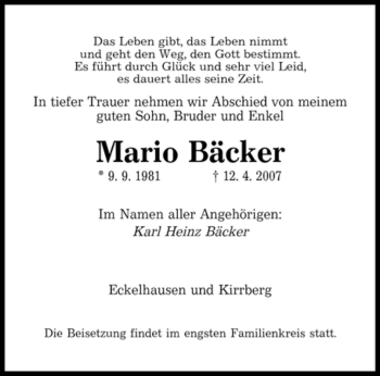 Traueranzeige von Mario Bäcker von SAARBRÜCKER ZEITUNG