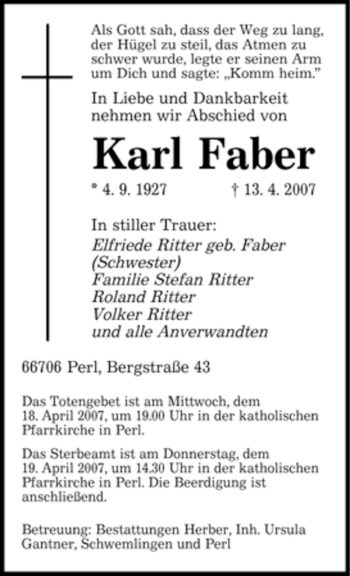 Traueranzeige von Karl Faber von SAARBRÜCKER ZEITUNG