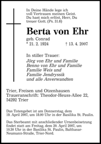 Traueranzeige von Berta von Ehr von SAARBRÜCKER ZEITUNG