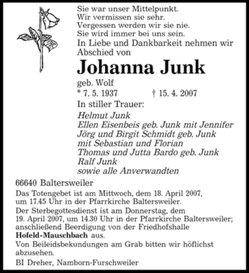 Traueranzeige von Johanna Junk von SAARBRÜCKER ZEITUNG