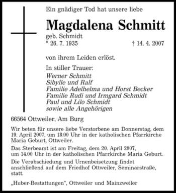 Traueranzeige von Magdalena Schmitt von SAARBRÜCKER ZEITUNG