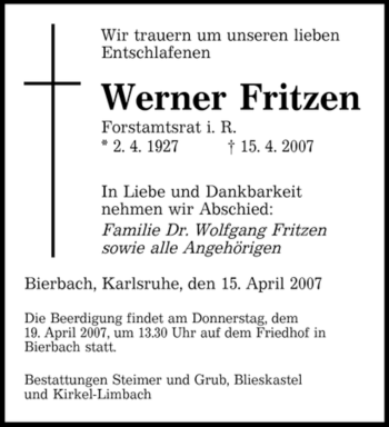 Traueranzeige von Werner Fritzen von SAARBRÜCKER ZEITUNG