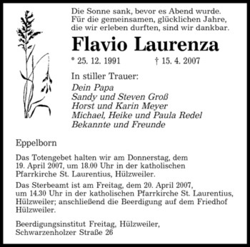 Traueranzeige von Flavio Laurenza von SAARBRÜCKER ZEITUNG