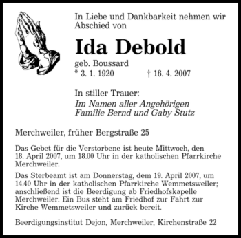 Traueranzeige von Ida Debold von SAARBRÜCKER ZEITUNG